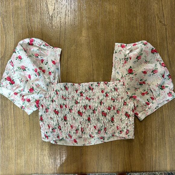 Lulus Cute Factor Floral Rose Print Puff Sleeve Crop Top large - Picture 3 of 9